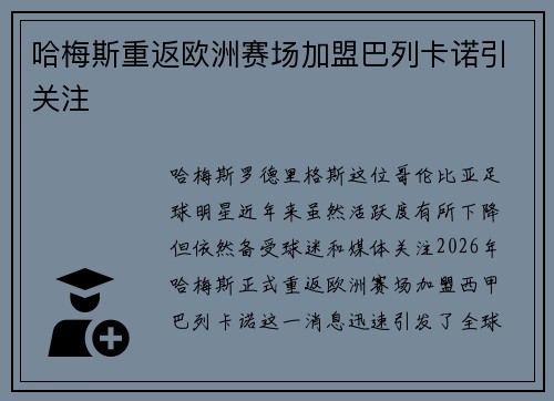 哈梅斯重返欧洲赛场加盟巴列卡诺引关注 哈梅斯重返欧洲赛场加盟巴列卡诺引关注